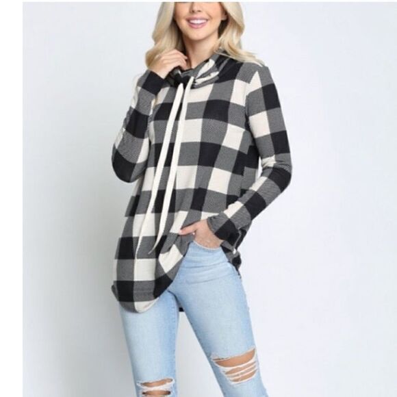 NEW! Super Cute Boho Buffalo Plaid Pull Over Long Sleeve Cowl Neck Tunic Shirt - Picture 1 of 2